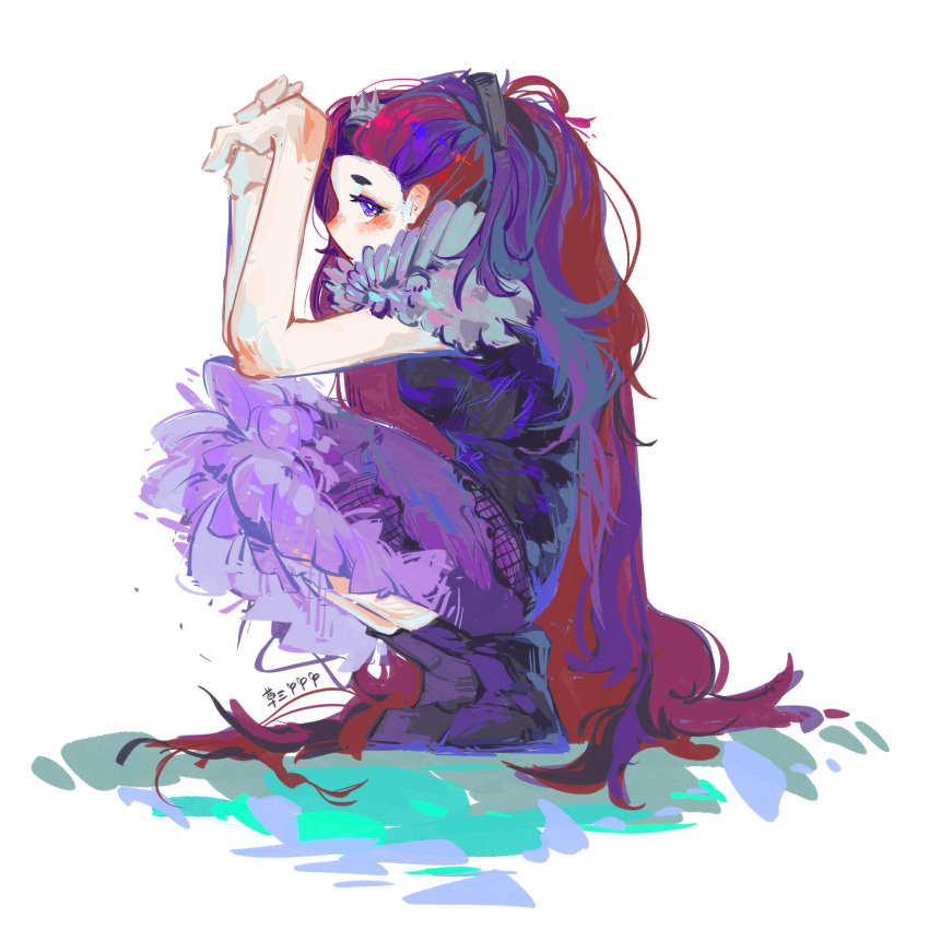 1girl, absurdly_long_hair, ankle_boots, arms_up, bare_arms, black_boots, black_shirt, blush