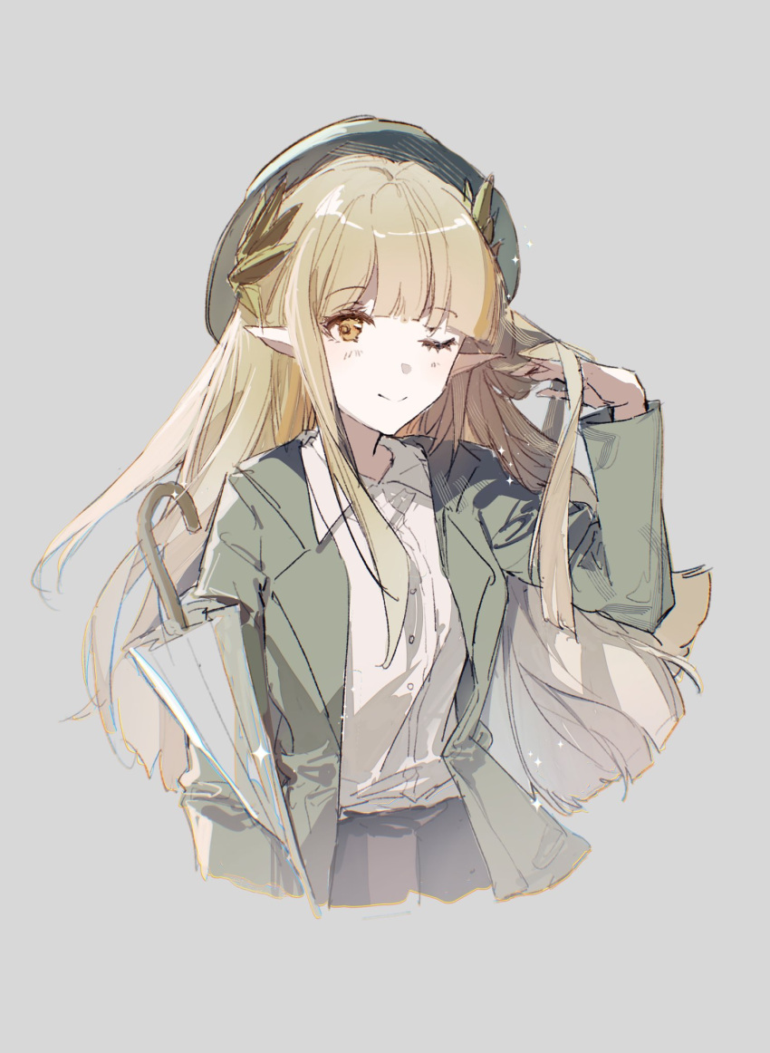 1girl, ;), arknights, beret, blonde_hair, blunt_bangs, closed_mouth, cropped_legs