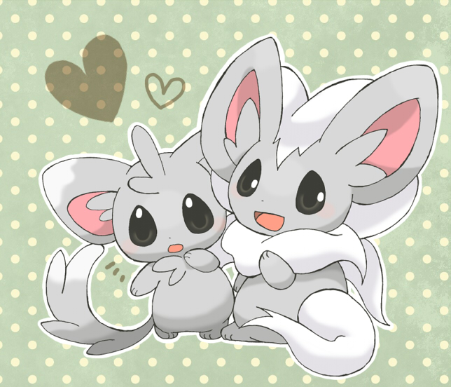 blush, cinccino, evolutionary_line, green_background, heart, minccino, no_humans, open_mouth