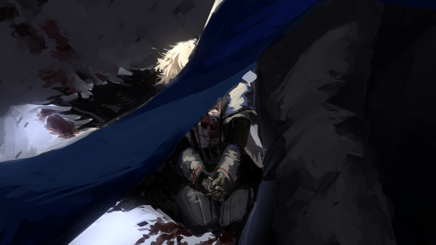 absurdres, black_gloves, blonde_hair, blood, blue_scarf, covered_face, demian_(project_moon), full_body