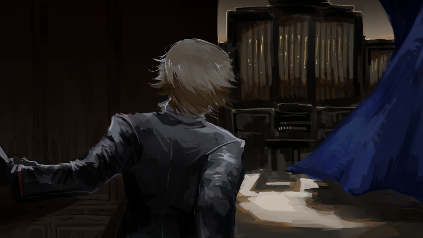 1boy, absurdres, black_background, black_coat, black_gloves, blonde_hair, coat, facing_away