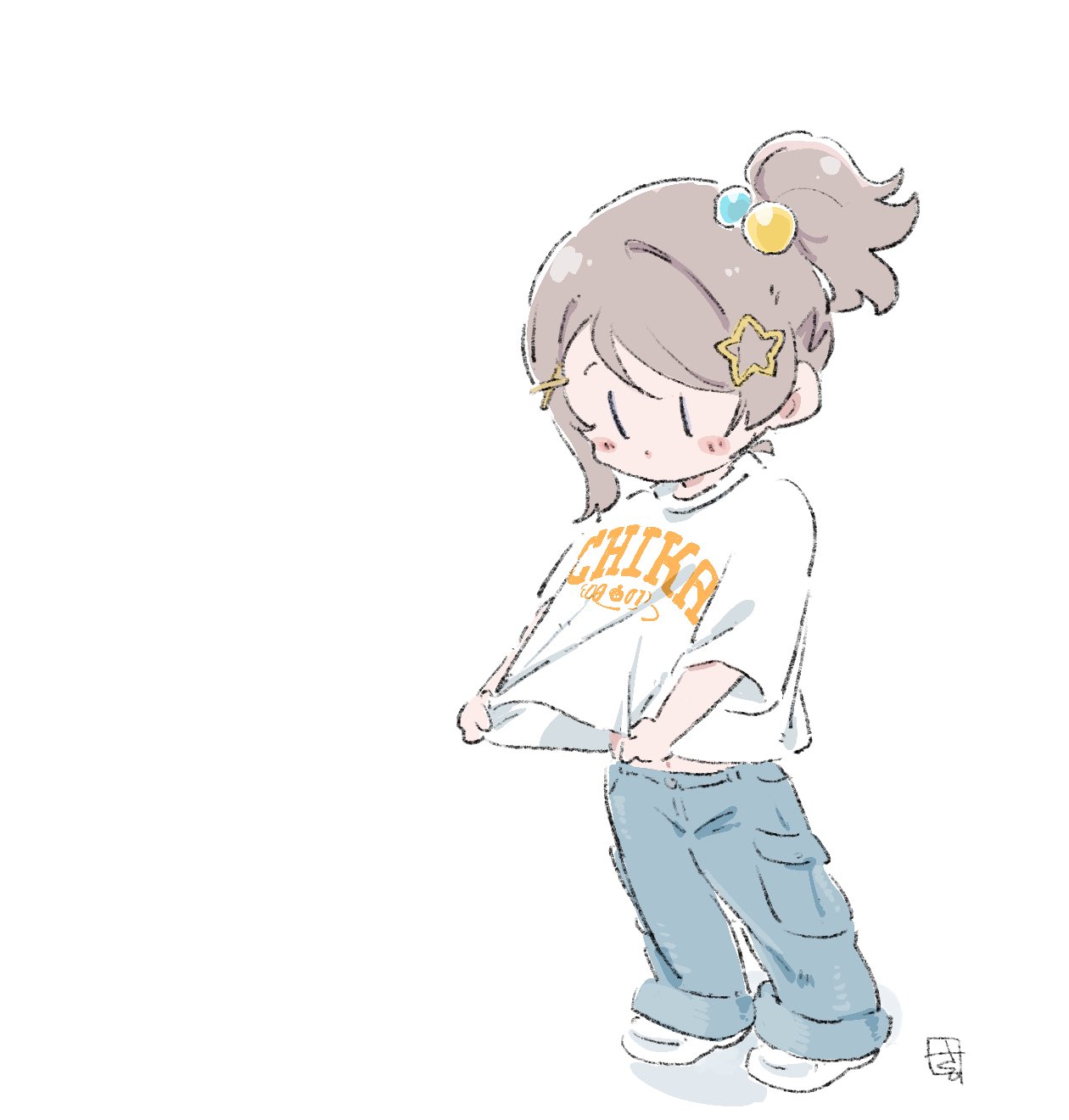 1girl, blue_pants, cargo_pants, clothes_writing, dot_nose, full_body, grey_hair, hair_ornament