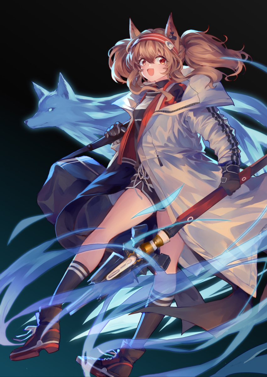 1girl, :d, absurdres, angelina_(arknights), animal_ears, arknights, bag, black_bag