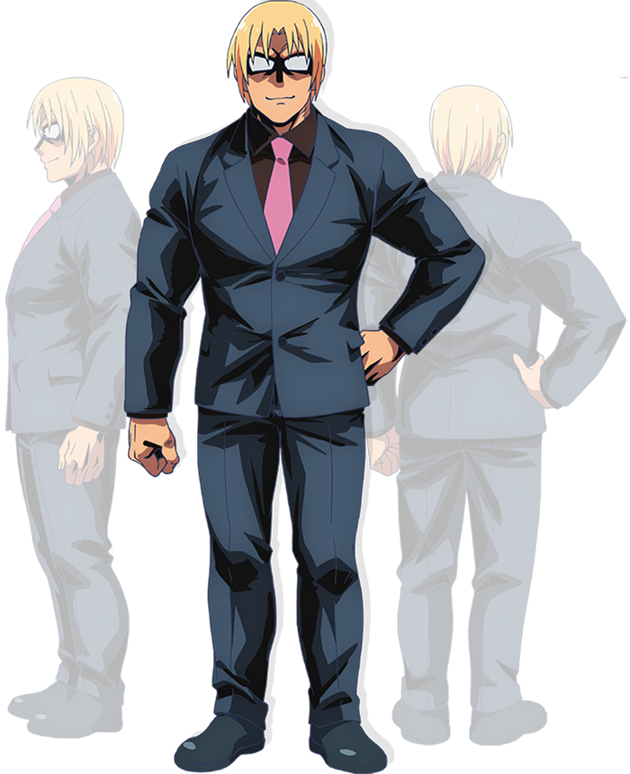 3boys, anime_coloring, back, blue_jacket, blue_pants, blue_suit, brown_shoes, clenched_hands