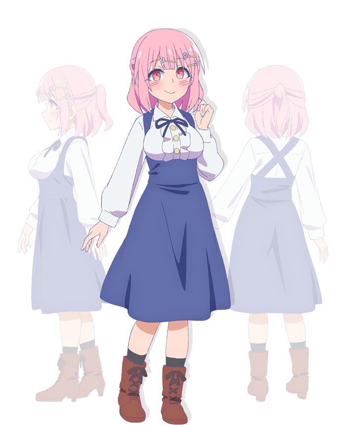 3girls, anime_coloring, back, black_socks, blue_ribbon, blue_skirt, blush, boots, breasts, brown_boots, clenched_hand, closed_mouth, collared_shirt, from_behind, from_side, full_body, game_center_shoujo_to_ibunka_kouryuu, hair_ornament, hairclip, half_updo, hand_up, high-waist_skirt, large_breasts, long_sleeves, looking_at_viewer, mochizuki_momoko, multiple_girls, multiple_hair_clips, multiple_views, official_art, okano_rikiya, ribbon, shirt, sidelocks, simple_background, skirt, smile, socks, standing, transparent_background, white_shirt