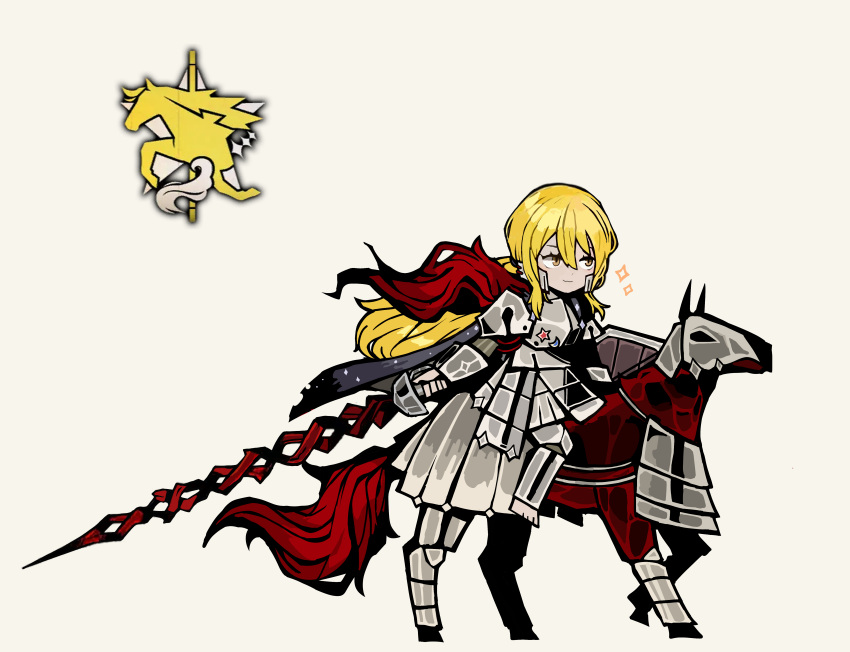 absurdres, armor, barding, blonde_hair, cape, don_quixote_(project_moon), e.g.o_(project_moon), highres, holding, holding_polearm, holding_weapon, horse, horseback_riding, knight, lance, limbus_company, long_hair, polearm, ponytail, project_moon, red_horse, riding, sparkle, teko1193, weapon, white_background, yellow_eyes
