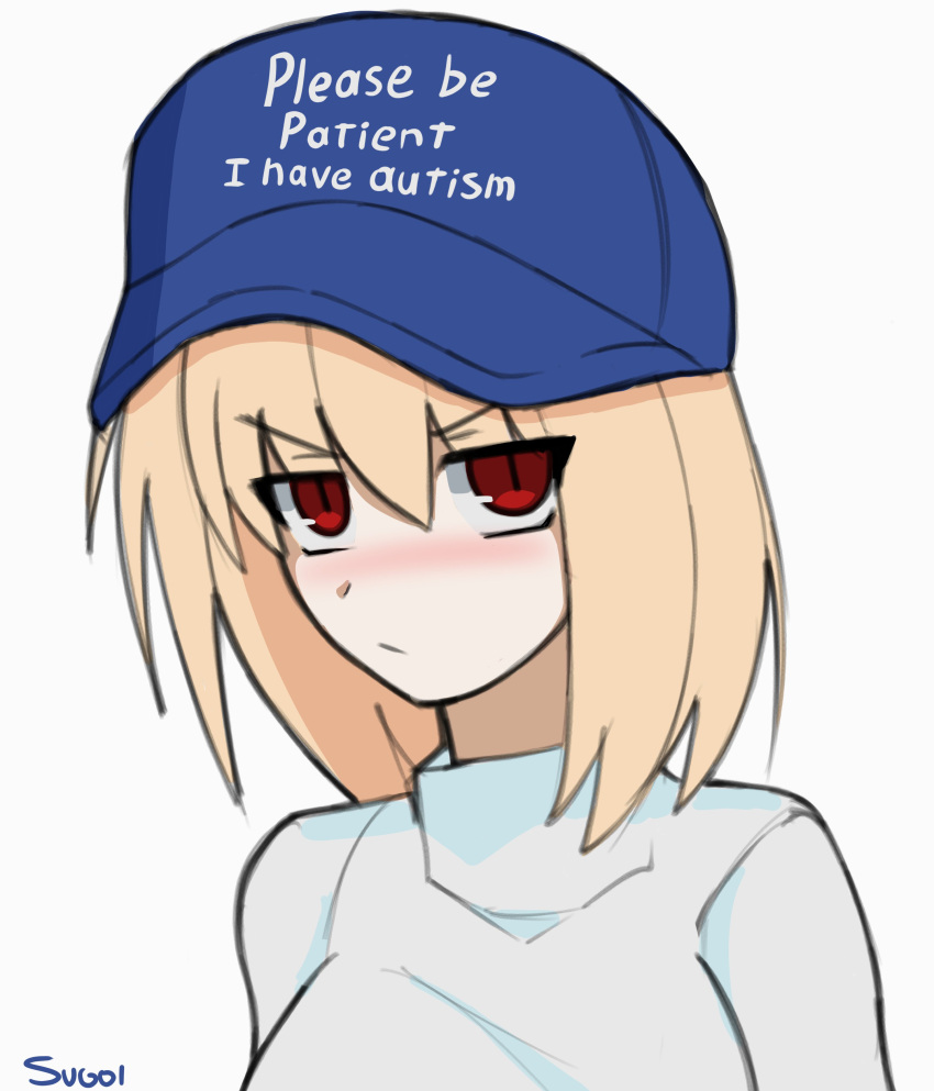 1girl, absurdres, angry, arcueid_brunestud, autism, blonde_hair, blue_hat, blush