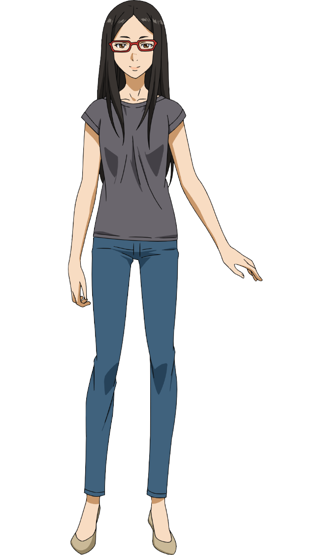 1girl, anime_coloring, ao_ashi, aoi_noriko, black_hair, blue_pants, breasts, closed_mouth, collarbone, denim, flats, full_body, glasses, grey_shirt, long_hair, long_sideburns, looking_at_viewer, medium_breasts, nakatake_manabu, official_art, pants, parted_bangs, red-framed_eyewear, shirt, shoes, short_sleeves, sideburns, sidelocks, simple_background, smile, solo, standing, t-shirt, transparent_background, yellow_shoes