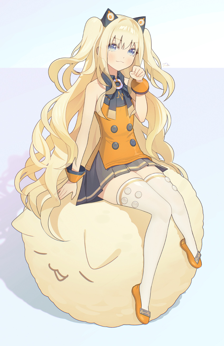 1girl, :3, absurdres, animal_ears, arm_support, bare_arms, bare_shoulders, black_bow, black_bowtie, blue_eyes, blush, bow, bowtie, buttons, cat, cat_ears, clenched_hand, closed_mouth, collarbone, collared_shirt, commentary, double-breasted, eyes_visible_through_hair, flat_chest, from_above, full_body, grey_background, grey_skirt, hair_between_eyes, hand_up, highres, knees_together_feet_apart, long_hair, looking_at_viewer, miniskirt, orange_shirt, orange_shoes, paw_pose, pleated_skirt, pm_(lily112100), seeu, shadow, shirt, shoes, signature, simple_background, sitting, skindentation, skirt, sleeveless, sleeveless_shirt, solo, star_(symbol), star_in_eye, symbol-only_commentary, symbol_in_eye, thigh-highs, two_side_up, v-shaped_eyebrows, very_long_hair, vocaloid, wavy_hair, white_thighhighs, zettai_ryouiki