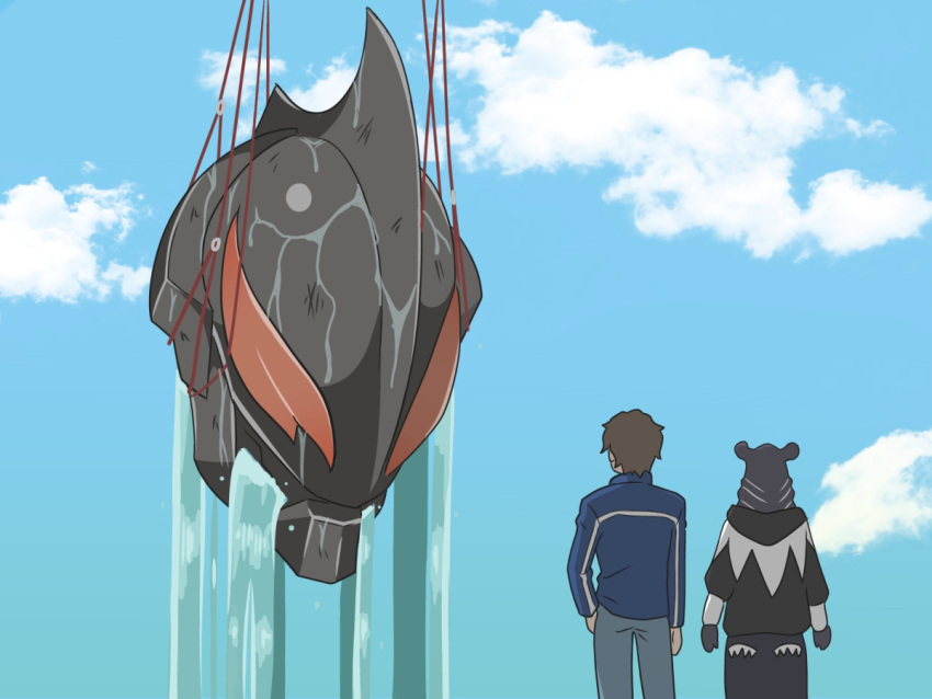 1other, 2boys, aiueo8371, alien, arms_at_sides, asakura_riku, black_hair, black_jacket