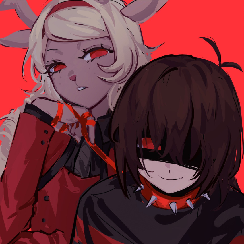 1girl, 1other, alternate_universe, animal_collar, animal_ears, antlers, blonde_hair, borrowed_design