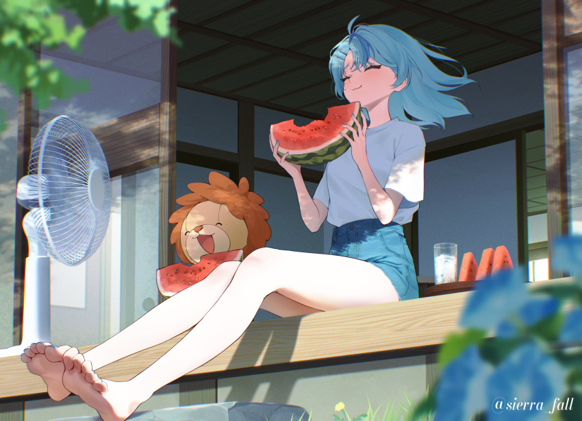 1girl, absurdres, bare_legs, barefoot, blue_flower, blue_hair, blue_nails, blue_shorts