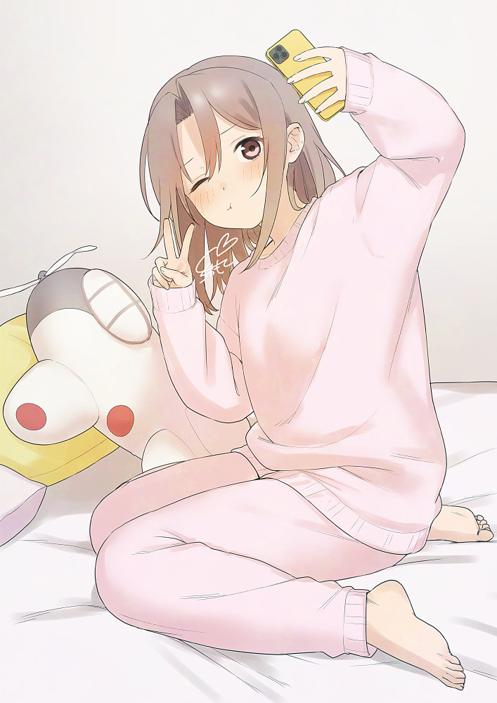 1girl, :t, alternate_costume, arm_up, barefoot, bed_sheet, blush, brown_eyes