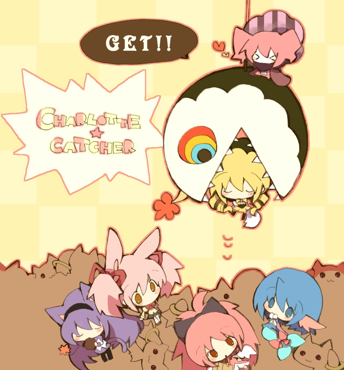 5girls, :3, akemi_homura, animal_ears, black_hair, blonde_hair, blue_eyes, blue_hair, bow, bunny_ears, cat_ears, cat_tail, character_doll, charlotte_(madoka_magica), chibi, closed_eyes, crane_game, doll, drill_hair, eating, english, eyes_closed, get, hair_bow, hairband, hat, kaname_madoka, kyubey, magical_girl, mahou_shoujo_madoka_magica, mami_mogu_mogu, mermaid, miki_sayaka, monster_girl, multiple_girls, pink_eyes, pink_hair, red_eyes, red_hair, redhead, sakura_kyouko, school_uniform, spoilers, tail, tomoe_mami, twin_drills, twintails, wishbone