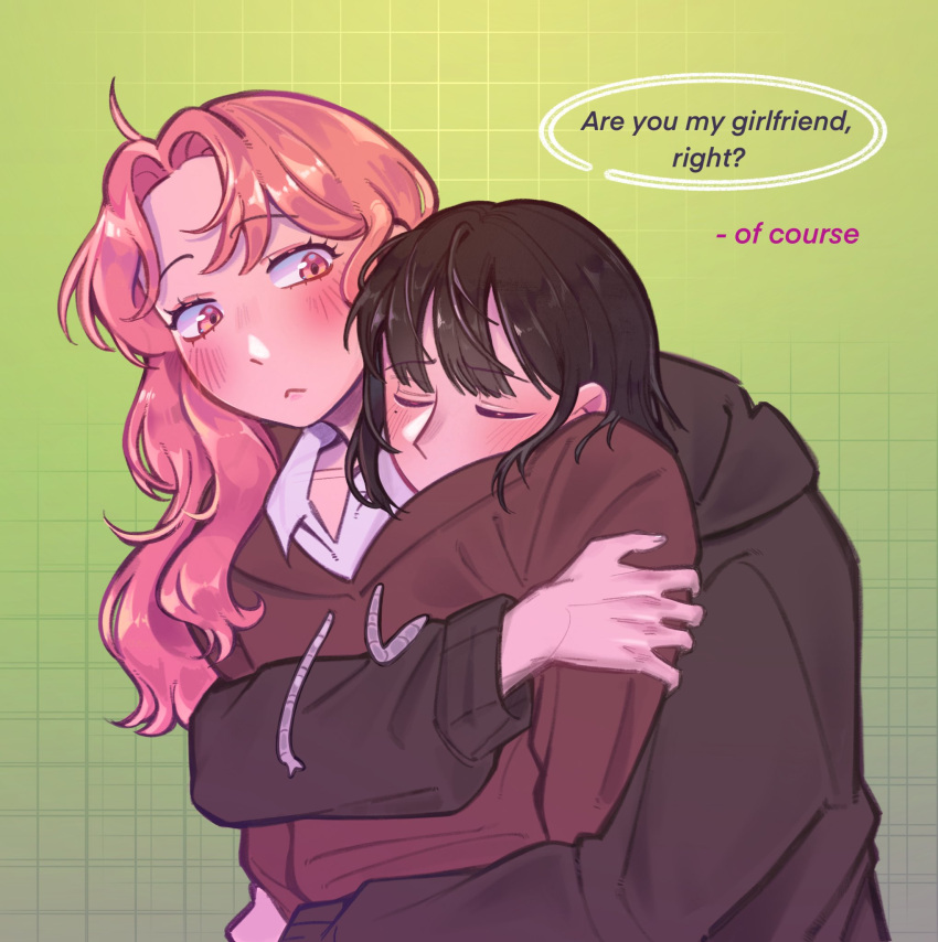 2girls, black_hair, blush, brown_hoodie, closed_eyes, closed_mouth, collared_shirt, commentary