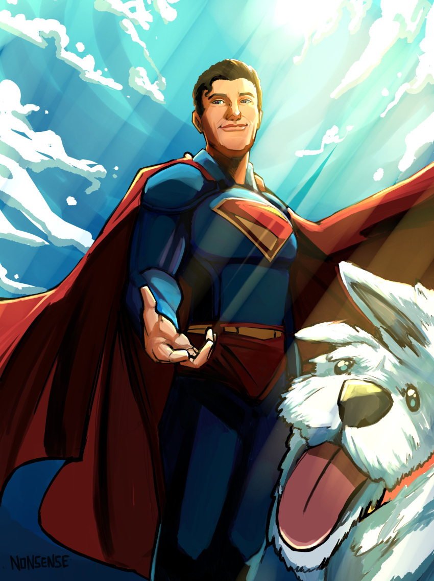 1boy, absurdres, artist_name, black_hair, blue_bodysuit, blue_sky, bodysuit, cape