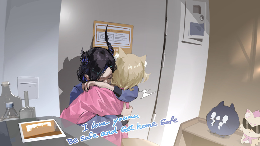 2girls, absurdres, alternate_costume, animal_ears, asymmetrical_horns, black_hair, blonde_hair, blue_hair