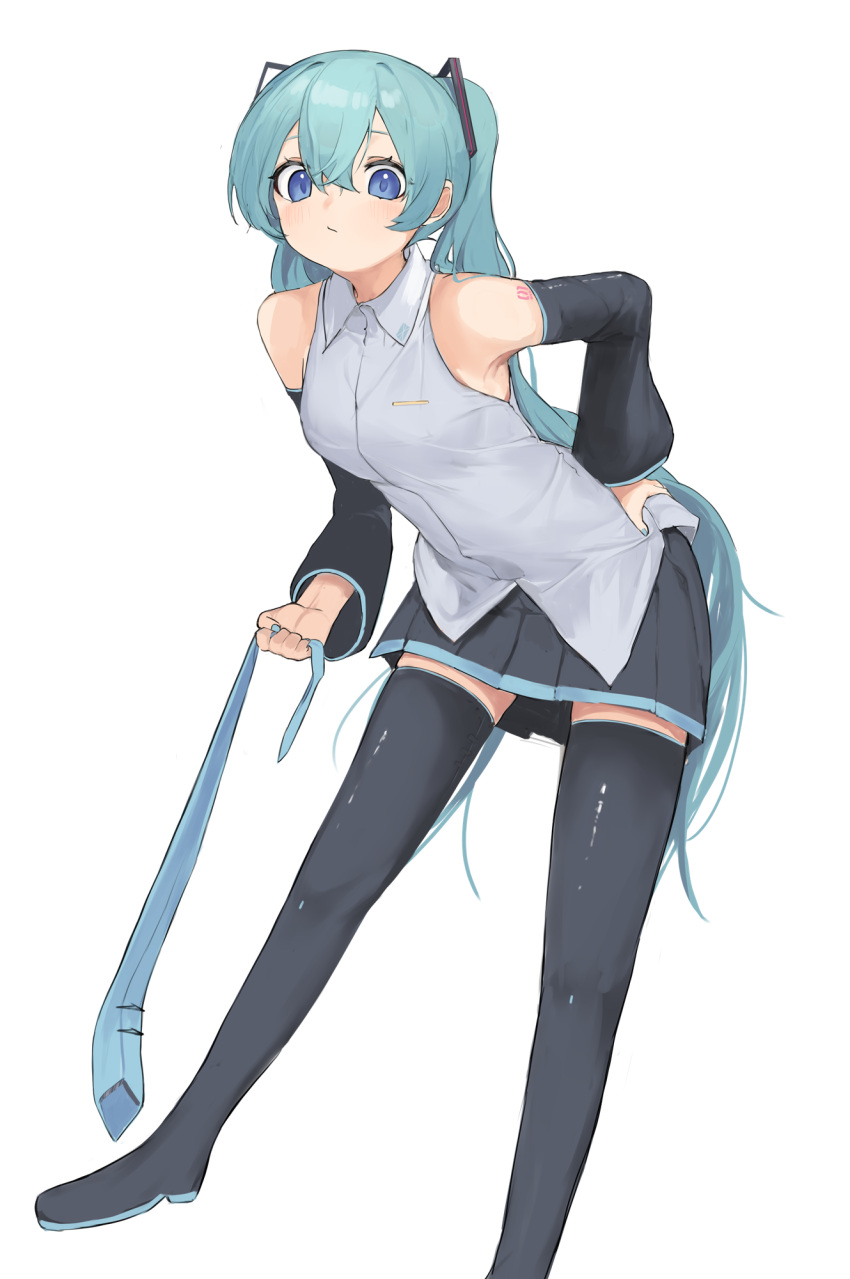 1girl, aqua_hair, blue_eyes, boots, detached_sleeves, hand_on_own_hip, hatsune_miku, highres