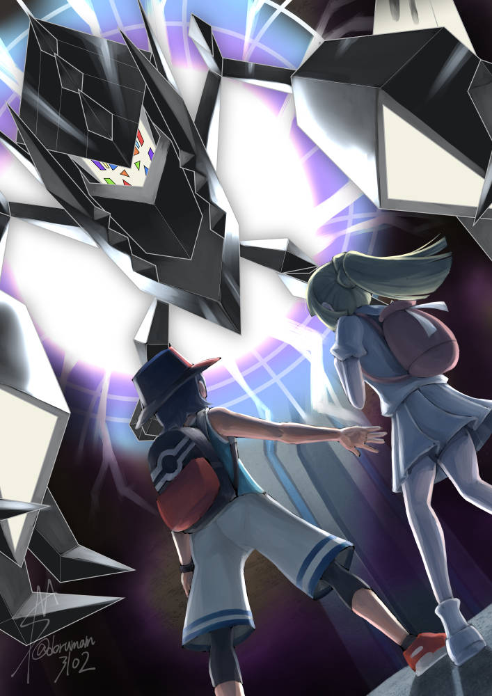 1boy, 1girl, aqua_shirt, backpack, bag, black_hair, black_hat, black_socks