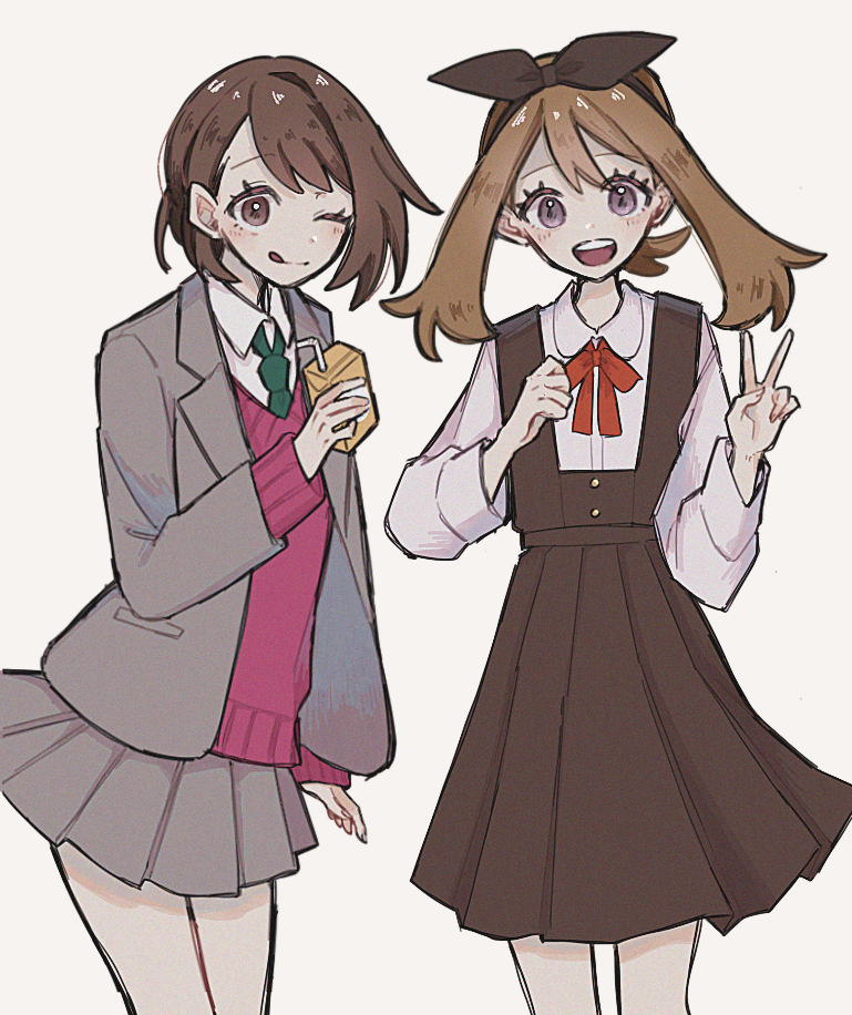 2girls, alternate_costume, black_hairband, brown_hair, collared_shirt, dress, enekonoshippo27, gloria_(pokemon)