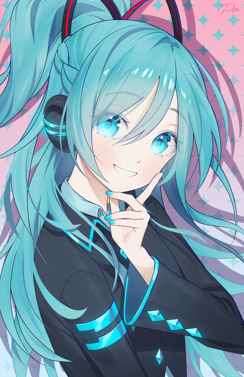 1girl, :d, absurdres, aqua_hair, arm_at_side, black_jacket, black_ribbon, blue_background