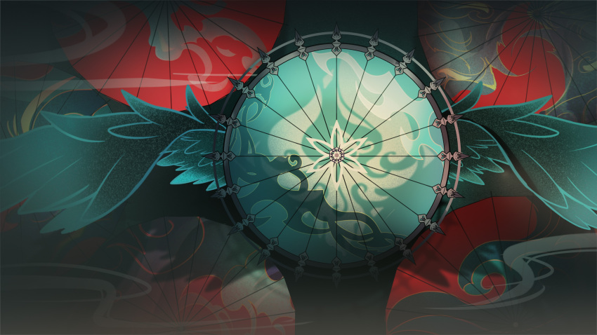 absurdres, aqua_umbrella, aqua_wings, chinese_commentary, feathered_wings, fishinthetea, highres, object_focus
