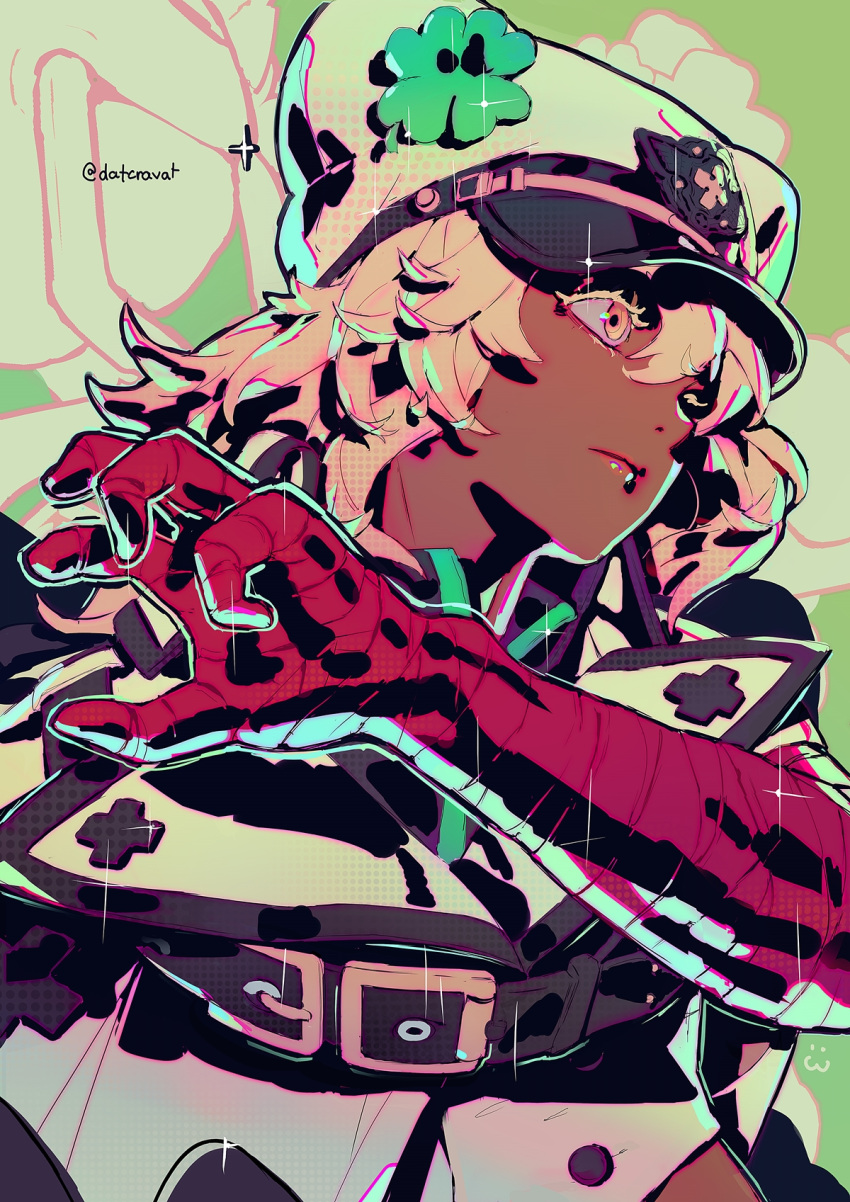 1girl, bandaged_arm, bandages, blonde_hair, closed_mouth, clover_hat_ornament, commentary, dark-skinned_female