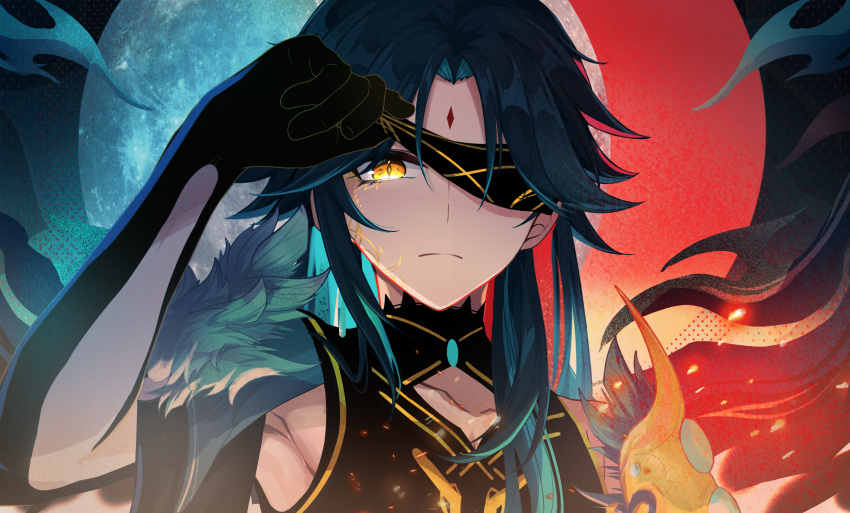 1boy, above-cleavage_cutout, absurdres, alternate_costume, alternate_hair_length, alternate_hairstyle, aqua_hair, arm_tattoo, armor, armpits, black_hair, black_hands, black_robe, black_skin, blindfold, blindfold_lift, blue_background, chinese_commentary, closed_mouth, clothing_cutout, collarbone, colored_extremities, colored_inner_hair, colored_skin, curtained_hair, detached_sleeves, earrings, eyeshadow, facial_mark, facial_tattoo, fishinthetea, forehead_mark, full_moon, fur_trim, genshin_impact, glowing, glowing_eye, highres, jewelry, long_hair, looking_at_viewer, makeup, male_focus, moon, multicolored_hair, one_eye_covered, parted_bangs, portrait, red_background, robe, serious, shoulder_armor, single_earring, sleeveless, sleeveless_robe, slit_pupils, smoke, solo, tattoo, two-tone_background, wide_sleeves, xiao_(genshin_impact), yellow_eyes, yellow_eyeshadow