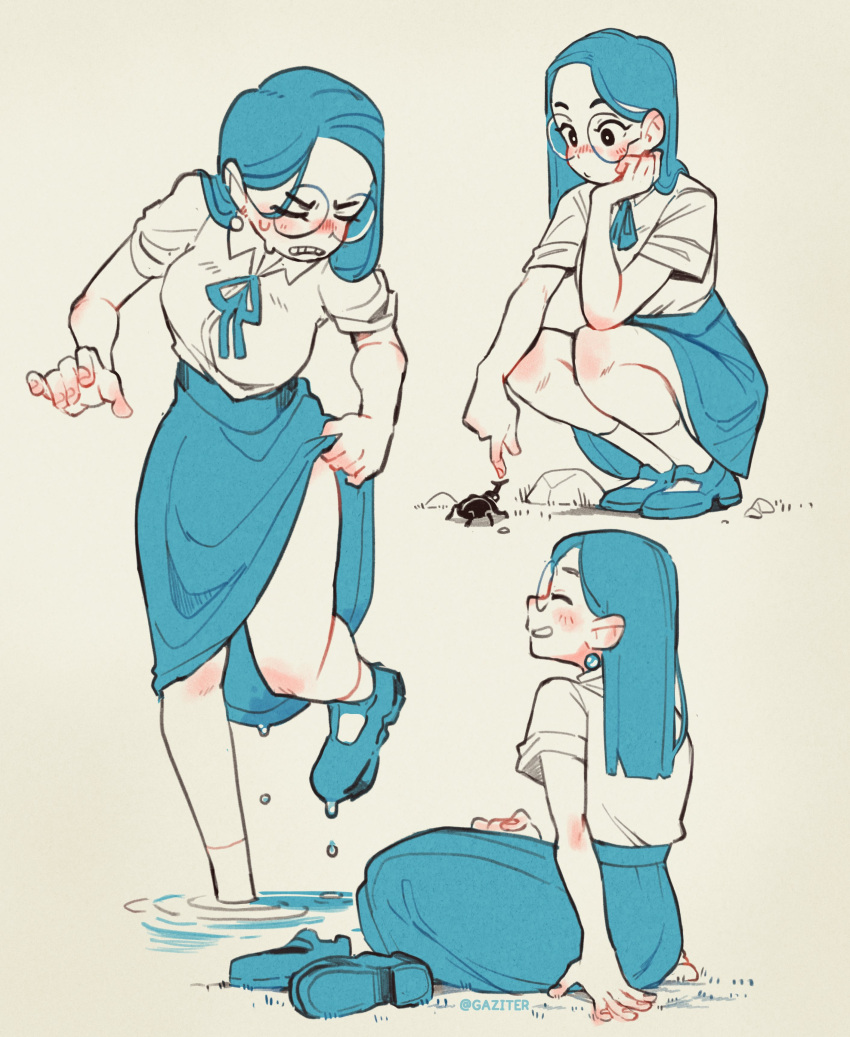 1girl, absurdres, artist_name, blush, clothes_lift, collared_shirt, earrings, full_body