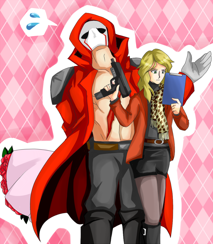 1boy, 1girl, artist_request, blonde, blonde_hair, clipboard, female, flower