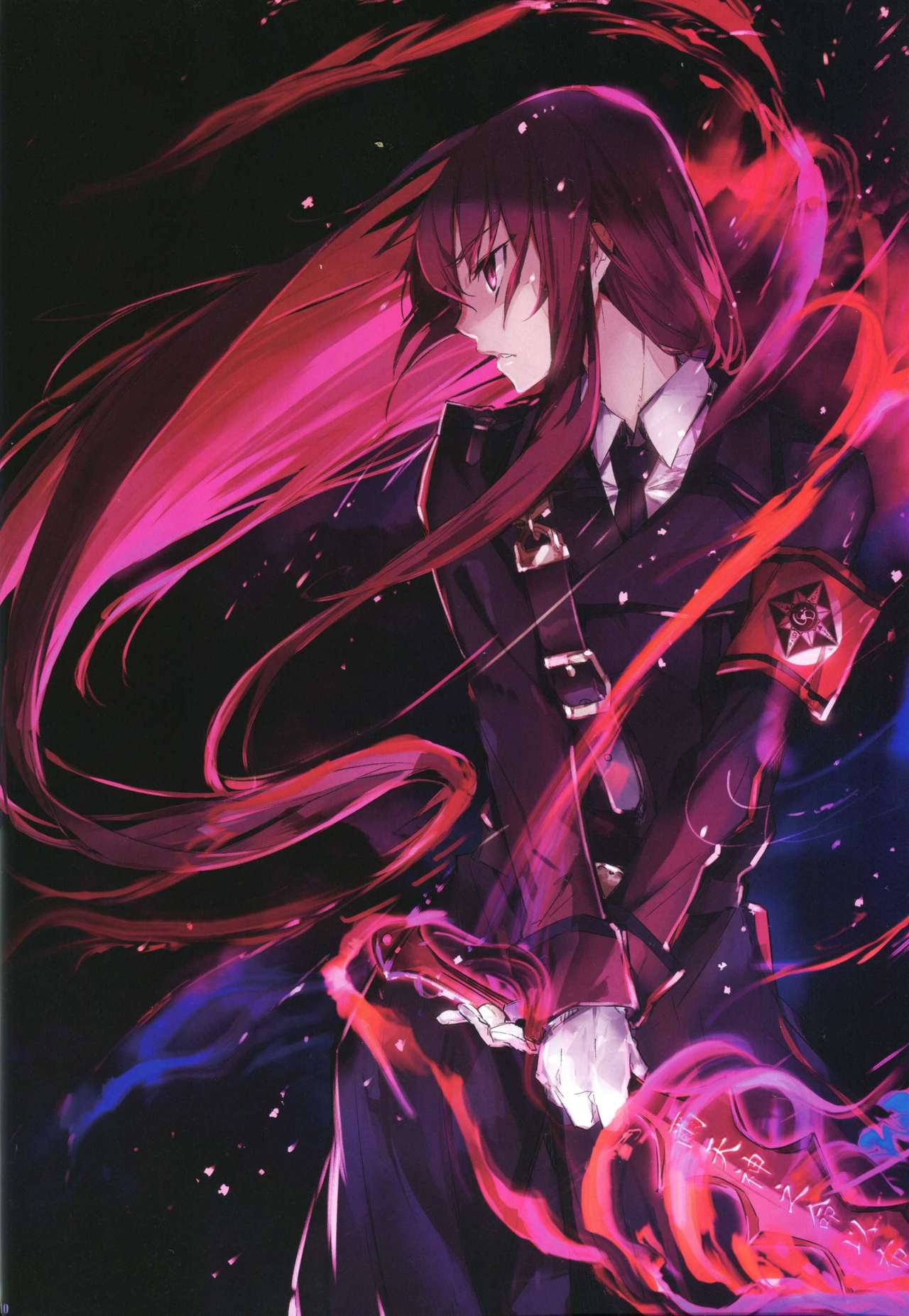 1girl, armband, dies_irae, fire, g_yuusuke, gloves, highres, holding