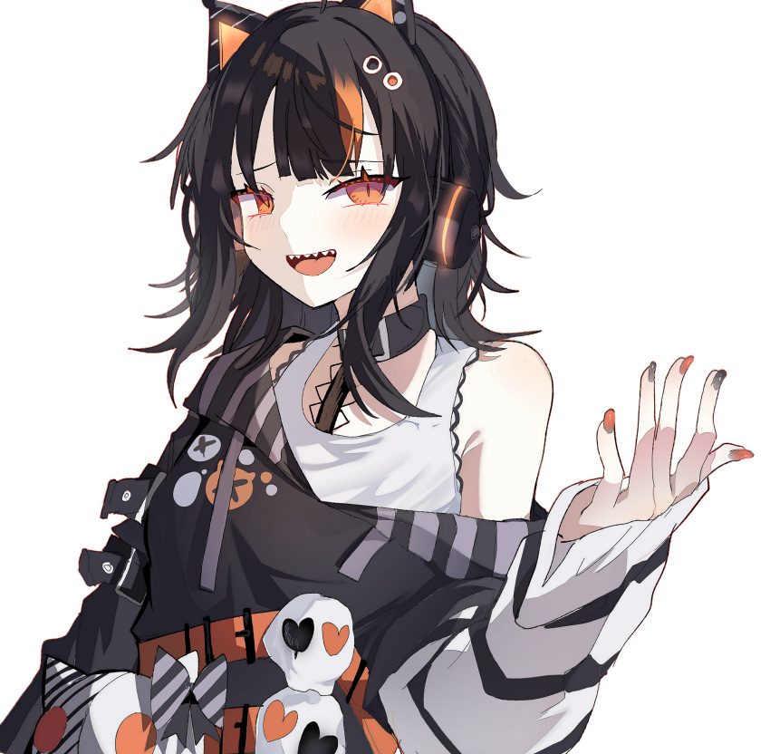 1girl, absurdres, animal_ear_headphones, animal_ears, black_dress, black_hair, black_nails, cat_ear_headphones