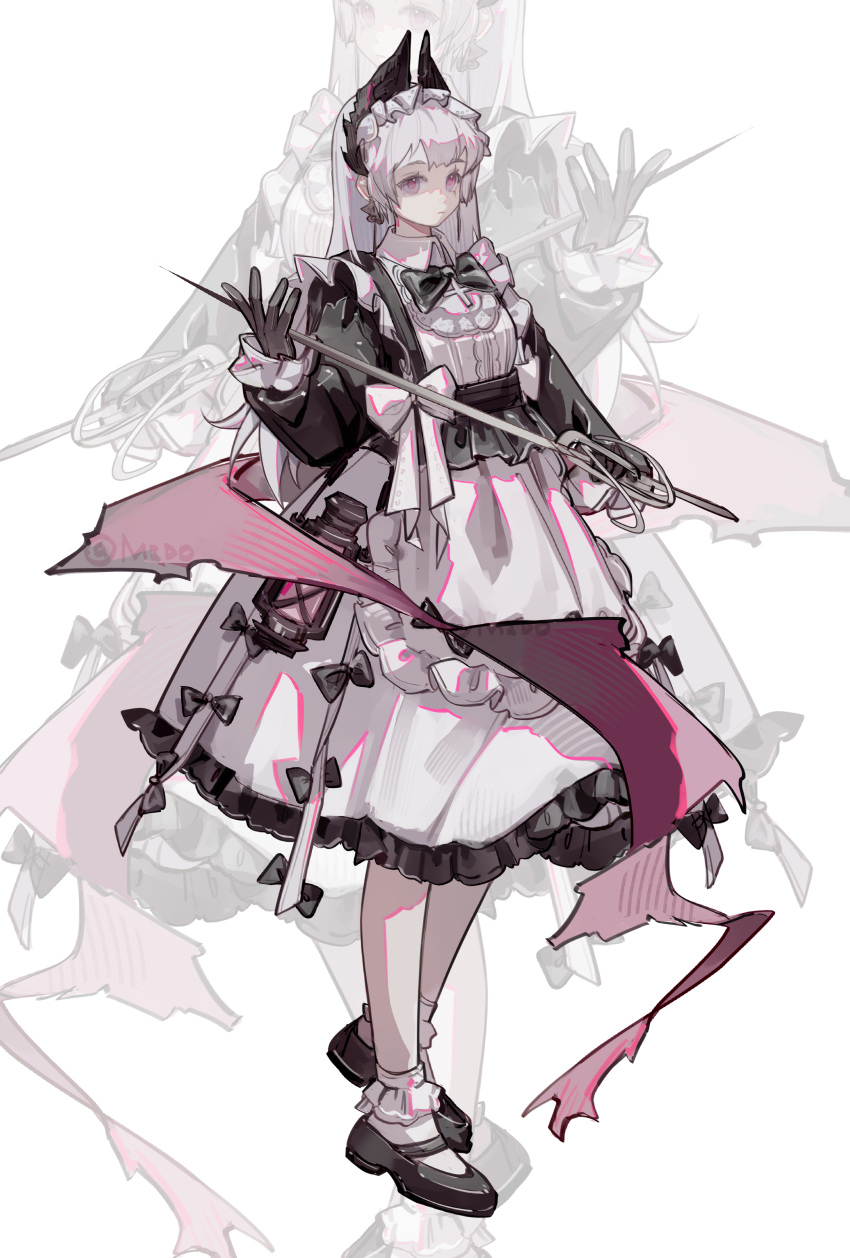 1girl, absurdres, ambience_synesthesia, ankle_socks, apron, arknights, black_bow, black_gloves