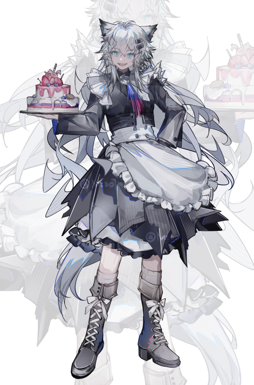 1girl, :d, absurdres, alternate_costume, animal_ears, apron, aqua_eyes, arknights
