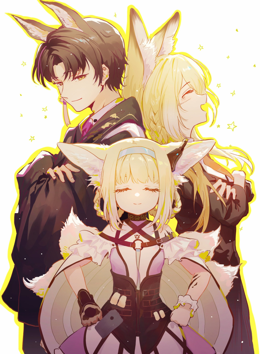 absurdres, animal_ears, arknights, black_hair, blonde_hair, chinese_commentary, closed_eyes, commentary_request