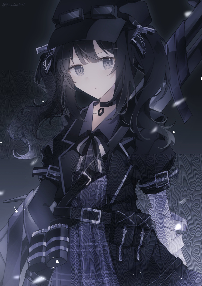 1girl, absurdres, ammunition_pouch, bandaged_arm, bandages, belt, black_belt, black_choker