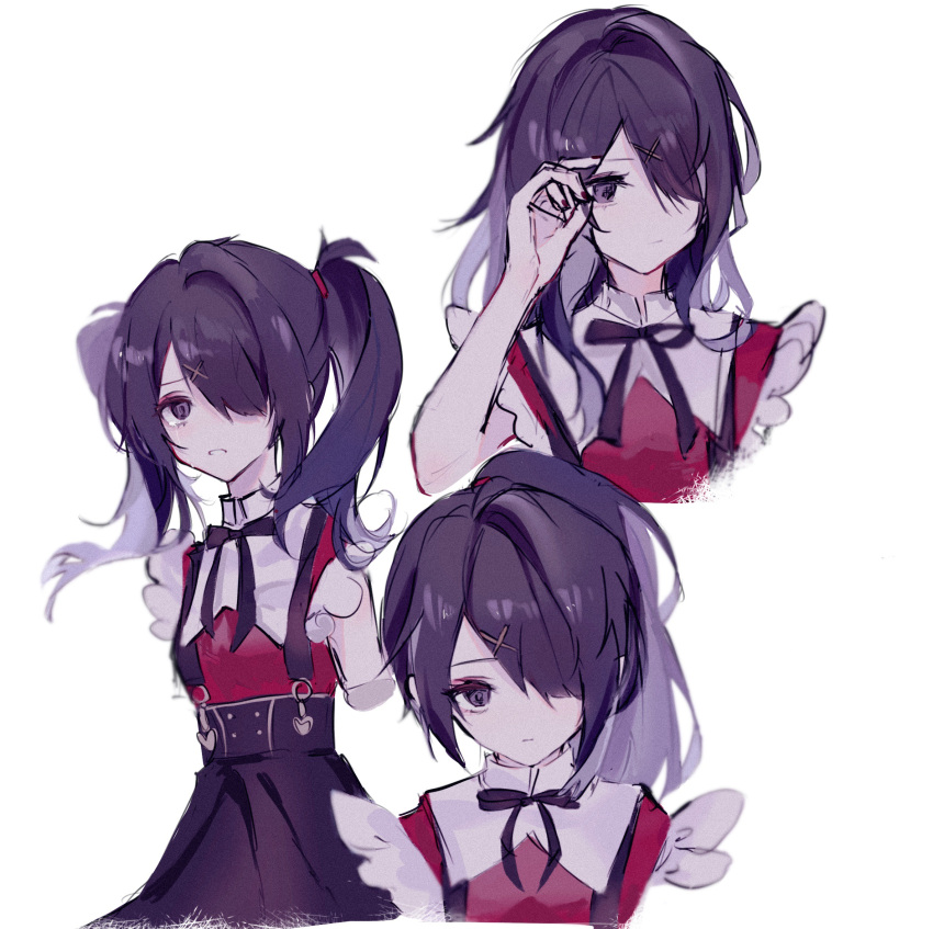 1girl, alternate_hairstyle, ame-chan_(needy_girl_overdose), bare_shoulders, black_eyes, black_hair, black_nails, black_ribbon