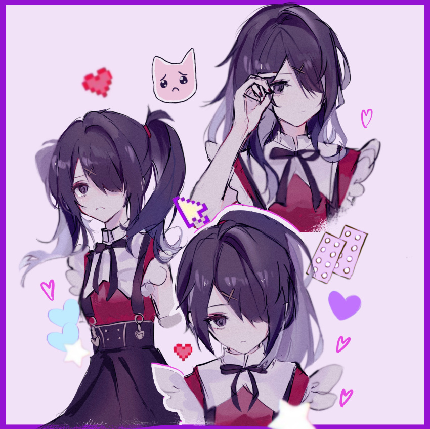 1girl, alternate_hairstyle, ame-chan_(needy_girl_overdose), animal, bare_shoulders, black_eyes, black_hair, black_nails