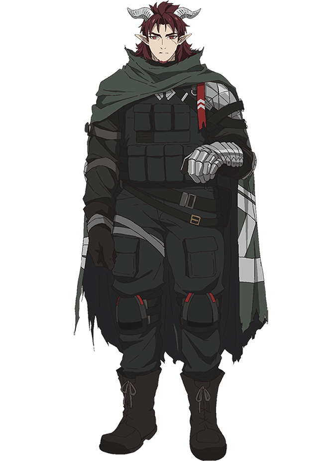 1boy, anime_coloring, arknights, armband, beard, belt, belt_pouch, boots, brown_boots, brown_gloves, bulletproof_vest, clenched_hands, cloak, closed_mouth, curtained_hair, demon_horns, facial_hair, full_body, gauntlets, gloves, green_belt, green_cloak, green_jacket, green_pants, hand_up, hoederer_(arknights), horns, jacket, knee_guards, long_hair, looking_at_viewer, official_art, pants, pointy_ears, pouch, red_eyes, red_hair, simple_background, solo, standing, takafuji_aya, transparent_background, v-shaped_eyebrows