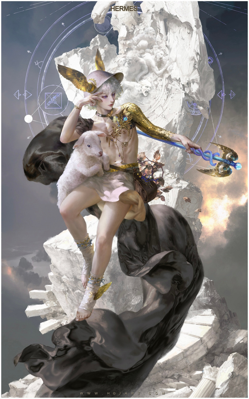 1boy, absurdres, bare_shoulders, bracelet, guangjian_huang, hermes_(mythology), highres, jewelry