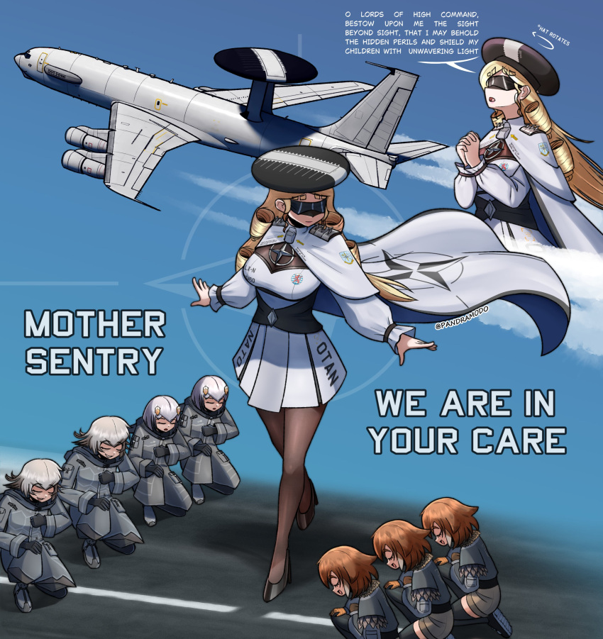 6+girls, absurdres, aircraft, airplane, black_hat, black_shoes, blonde_hair, breasts, brown_hair, brown_pantyhose, brown_shorts, cape, closed_eyes, coat, commentary, dress, e-3_sentry, emblem, english_commentary, english_text, epaulettes, f-16_fighting_falcon, f-22_raptor, f-22_raptor_(personification), f-35_lightning_ii, f-35_lightning_ii_(personification), goggles, grey_cape, grey_coat, grey_dress, hat, high_heels, highres, interlocked_fingers, long_hair, long_sleeves, multiple_girls, on_one_knee, open_mouth, original, own_hands_together, pandramodo, pantyhose, personification, shoes, shorts, smile, twitter_username, vehicle_and_personification, very_long_hair
