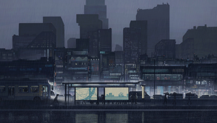 absurdres, building, bus, bus_stop, chinese_commentary, city, cityscape, commentary_request