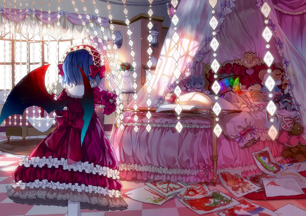 alternate_costume, bat_wings, bead_curtain, bed, bedroom, blonde_hair, blue_hair, canopy_bed, checkered, checkered_floor, crystal, curtains, doodle, drawing, dress, flandre_scarlet, from_behind, hakonekohime, lolita_fashion, multiple_girls, no_hat, no_headwear, paper, remilia_scarlet, short_hair, siblings, sisters, sleeping, stuffed_animal, stuffed_toy, sunlight, teddy_bear, touhou, window, wings