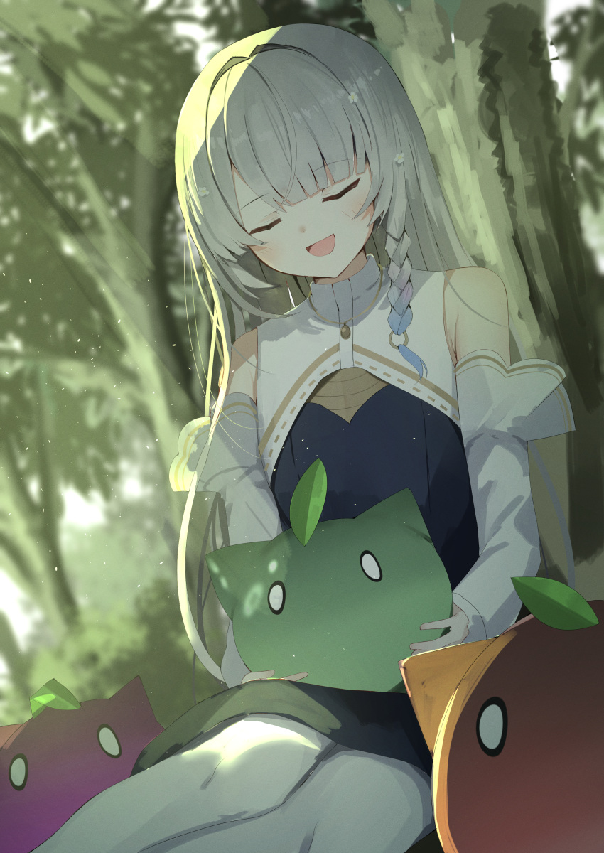 1girl, :d, absurdres, armpit_crease, bare_shoulders, black_shirt, blunt_bangs, blush, braid, closed_eyes, commentary, day, detached_sleeves, dutch_angle, facing_viewer, feet_out_of_frame, forest, grey_hair, hair_intakes, highres, kanade_(kanade), kanade_(visual_novel), leaf, leaf_on_head, long_hair, long_sleeves, nature, nodoameyatou, open_mouth, outdoors, shirt, sidelighting, single_braid, sitting, smile, solo, straight_hair, sunlight, tree, very_long_hair, yokozuwari