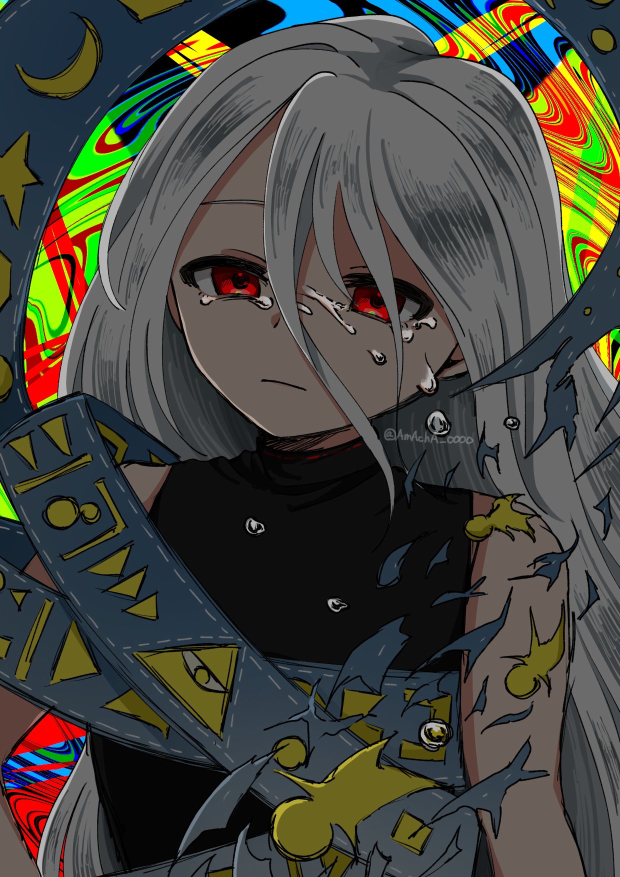 1girl, amacha_0000, black_dress, crescent, crying, crying_with_eyes_open, dress, eye_of_providence
