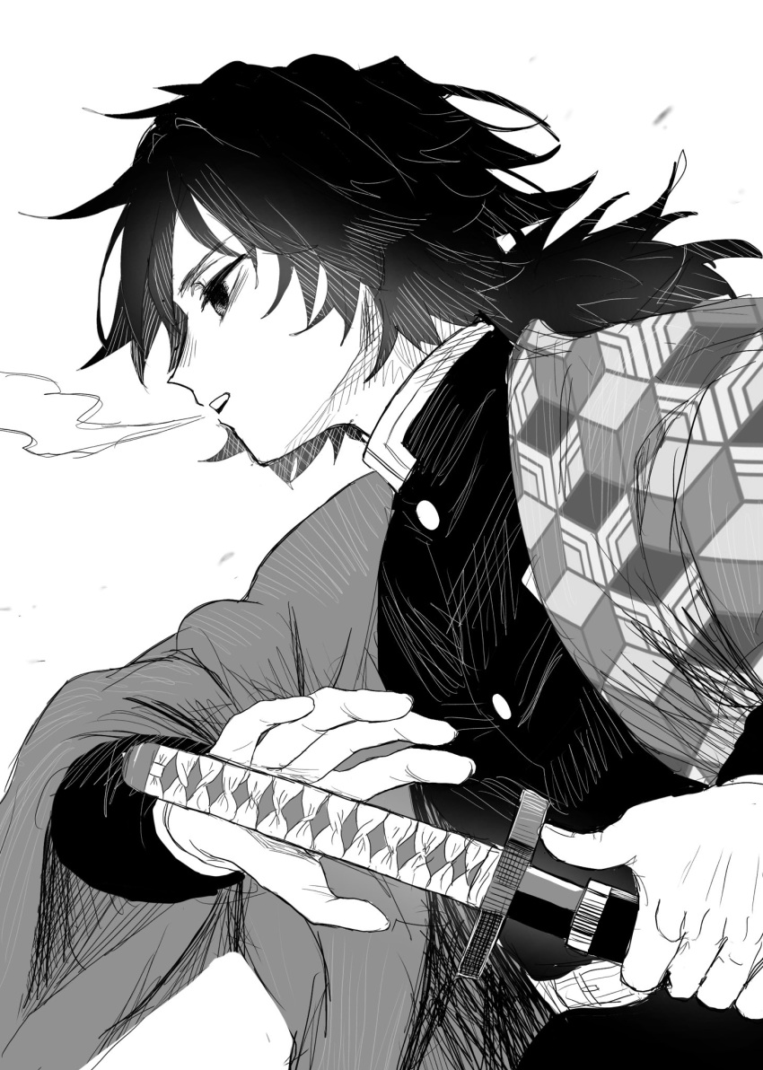 1boy, black_hair, black_jacket, buttons, demon_slayer_uniform, greyscale, haori, highres