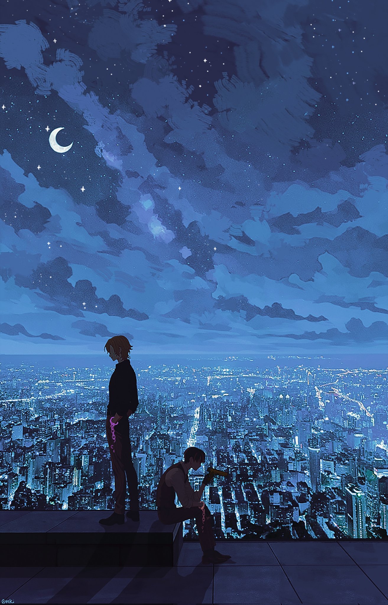 2boys, chogakusei, cityscape, clouds, crescent_moon, cuffs, enki_(enkiriin), from_side, full_body, getcha!_(vocaloid), gun, handcuffs, highres, holding, holding_gun, holding_weapon, indie_utaite, luca_kaneshiro, male_focus, moon, multiple_boys, night, night_sky, nijisanji, nijisanji_en, on_rooftop, outdoors, rooftop, sitting, sky, skyline, standing, star_(sky), tile_floor, tiles, virtual_youtuber, weapon