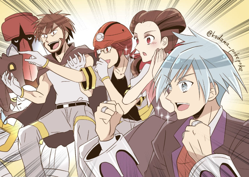 1girl, 3boys, bastiodon, beard, belt, black_shirt, brown_hair, byron_(pokemon), cape, commentary_request, cranidos, dress, facial_hair, father_and_son, gaijin_4koma_(meme), glasses, gloves, grey_eyes, grey_hair, helmet, jacket, jewelry, kodama_pokepoke, long_hair, meme, metagross, multiple_boys, open_clothes, open_jacket, open_mouth, own_hands_together, pants, parody, pointing, pokemon, pokemon_(creature), pokemon_dppt, pokemon_oras, probopass, red_eyes, red_hair, ring, roark_(pokemon), roxanne_(pokemon), shirt, short_hair, sleeveless, sleeveless_shirt, steven_stone, twitter_username, white_gloves