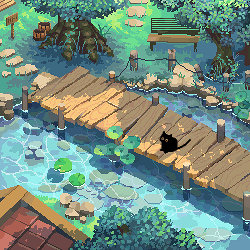 animal, animal_focus, animated, animated_gif, bench, black_cat, bridge, bush, cat, day, decomposedmaw, from_above, lily_pad, lowres, no_humans, original, outdoors, park, park_bench, pixel_art, plant_request, scenery, sitting, tree, water, wind, wooden_bench, wooden_bridge