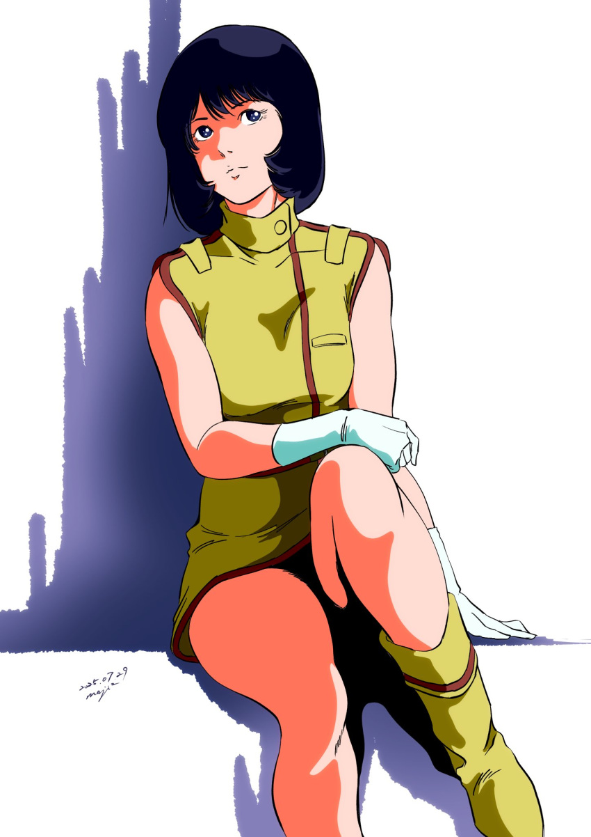 1girl, aeug, belt, black_hair, blue_eyes, boots, breasts, closed_mouth